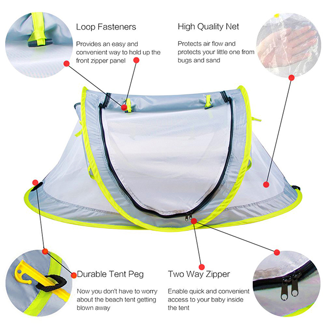 Foldable Baby Beach Tent, Light Weight Baby Travel Bed Tent UPF 50+ Sun Shelters for Infant with PopUp Mosquito Net & 2 Pegs