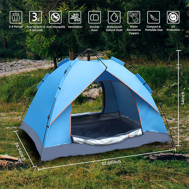 Light Weight Easy Setup Pop Up Blue Camping Tents for 4 Person ,Water Resistance,Windproof