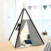 Foldable Portable Canvas Kids Teepee Tent with Light String & Carry Bag for Indoor Outdoor, Kids Teepee Playhouse with Black Wave Stripe Print 