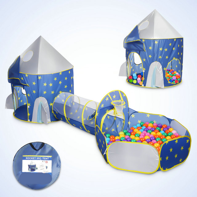 Blue with star Foldable Pop Up 3 In 1 Kids Rocket Playhouse use for Indoor Outdoor ,Rocket Ball Pit Tent with Crawling Tunnel 