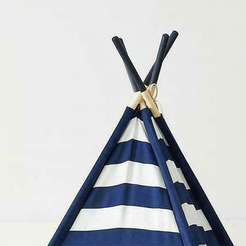 Navy Dark blue stripe kids play tent house cotton canvas children's teepee indian tepee tents with window wooden frame