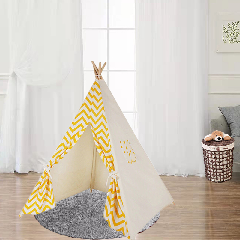 Yellow wave stripe Teepee Kids Play Indian Tent House Canvas Children Indoor Wigwam Playhouse for Indoor Play Deco