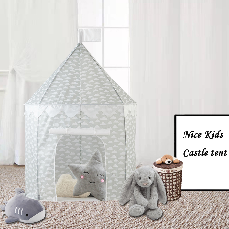 Gray Color With Cloudy Pattern Kids Castle Play Tent Easy Assemble Foldable Play House Use For Home Yard 