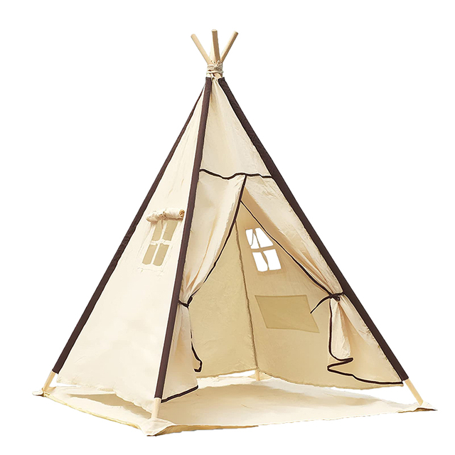 Factory price white tipi tents with window kids teepee tent children cotton canvas kids teepee with wood pole